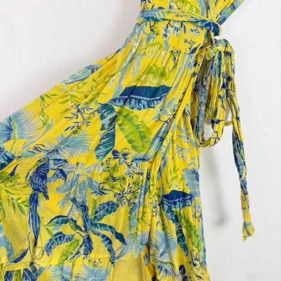 Banjanan Mercy Midi Dress Wrap Tropical Floral Bird Yellow Size Small S $370 EUC - Picture 6 of 16